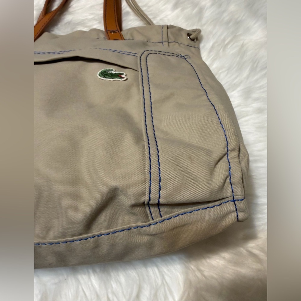 Lacoste Beige Canvas Sportsman Drawstring Tote with Tan Leather Handles - Picture 4 of 14